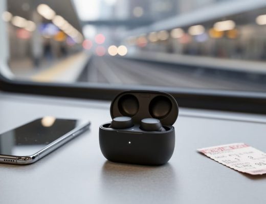 Sony WF-C500 earbuds resting in an open charging case on a commuter desk with a blurred train platform in the background.