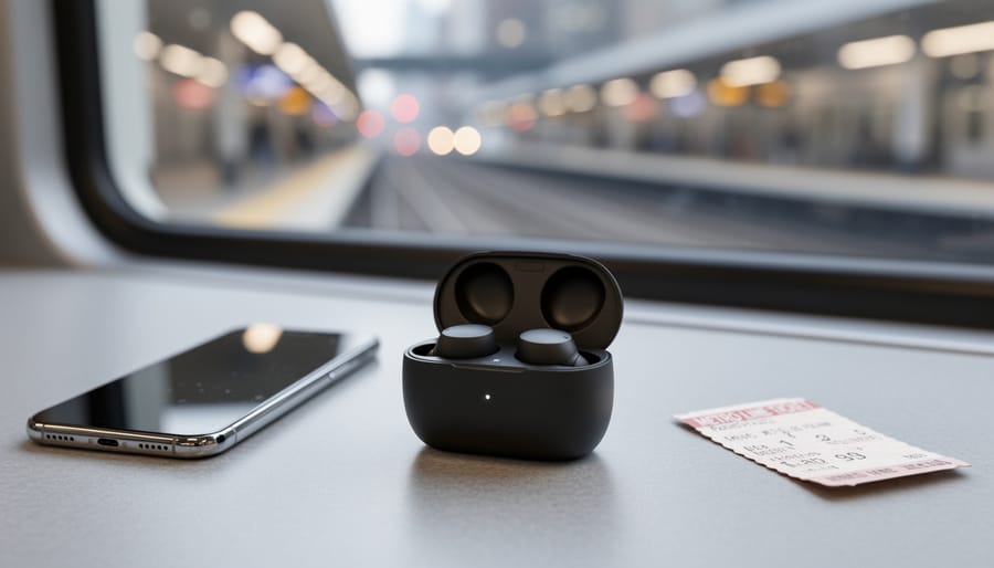 Sony WF-C500 earbuds resting in an open charging case on a commuter desk with a blurred train platform in the background.