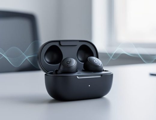 Close-up of wireless noise-cancelling earbuds and an open charging case on a desk with a subtle cool-toned noise-canceling light effect behind them.