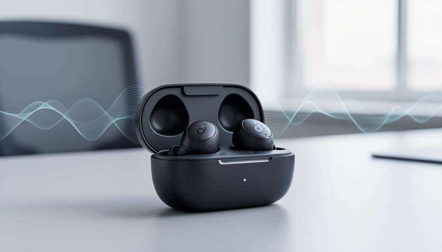Close-up of wireless noise-cancelling earbuds and an open charging case on a desk with a subtle cool-toned noise-canceling light effect behind them.