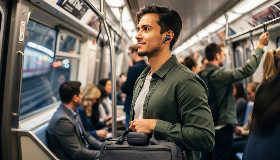 Soundcore Liberty 4 NC earbuds and charging case resting in a person’s hand with a blurred subway platform behind them