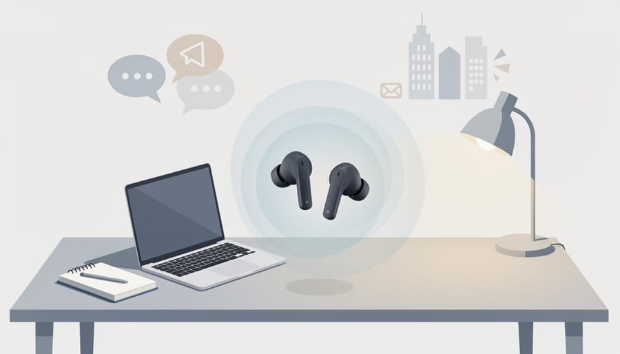 Soundcore Liberty 4 NC earbuds on a desk mat in a quiet home office with a subtle dark halo effect suggesting noise cancellation