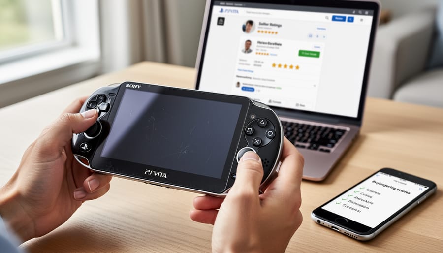 Hands inspecting a used PS Vita on a shop counter with shipping packaging blurred in the background