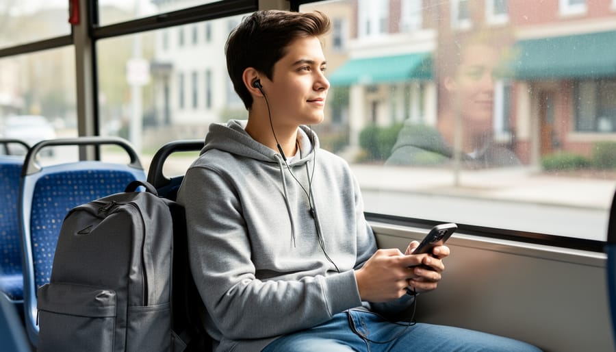Person wearing Sony WF-C500 earbuds during a commute on public transit