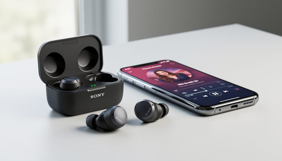 Sony WF-C500 earbuds in the charging case on a desk next to a smartphone