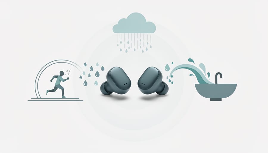 Water droplets splashing on an earbud and charging case to suggest water resistance