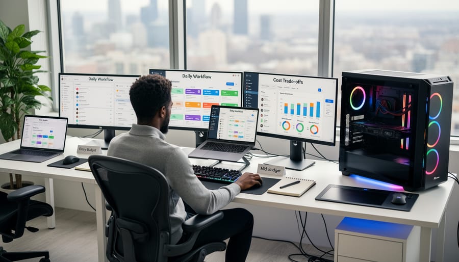 Person working at a desk with two laptops while taking notes in the evening