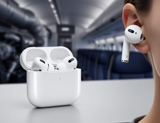 “Close-up of AirPods Pro with the case open, styled to suggest active noise cancellation and immersive listening in a modern environment.”