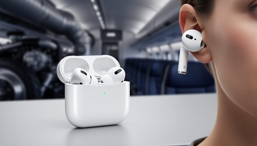 “Close-up of AirPods Pro with the case open, styled to suggest active noise cancellation and immersive listening in a modern environment.”