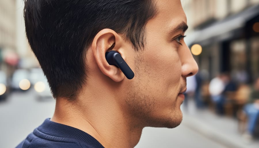 Close-up of a hand adjusting AirPods Pro earbuds in an outdoor setting