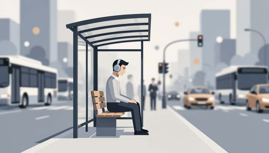 Person wearing earbuds at a rainy bus stop with blurred traffic and pedestrians in the background.