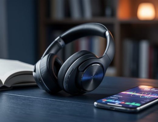 Wireless over-ear headphones resting on a wooden desk next to a phone and books, representing audiobook listening and a subscription service.
