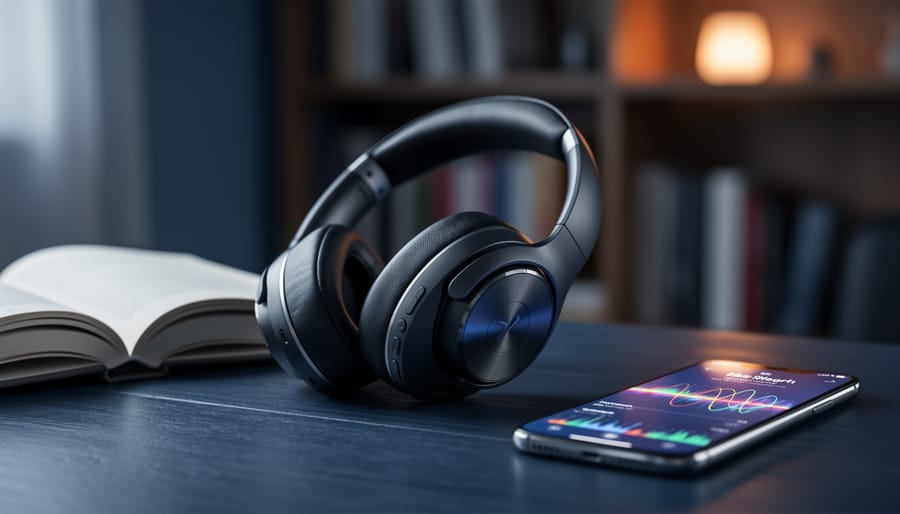 Wireless over-ear headphones resting on a wooden desk next to a phone and books, representing audiobook listening and a subscription service.