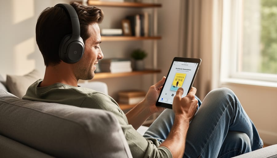 A person listening to audiobooks with over-ear headphones while using a smartphone at a desk.