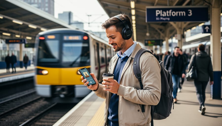 A commuter listening to audiobooks on a phone at a train platform with headphones.