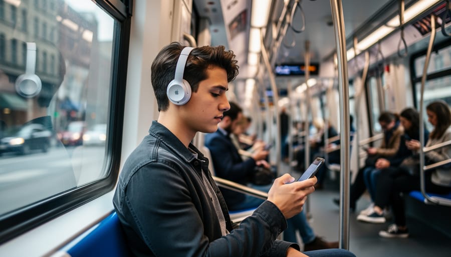 Commuter wearing AirPods Pro on a subway ride with blurred lights in the background