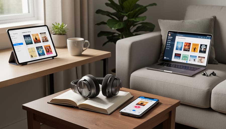 Devices arranged on a desk for listening to audiobooks, including a smartphone and earbuds.