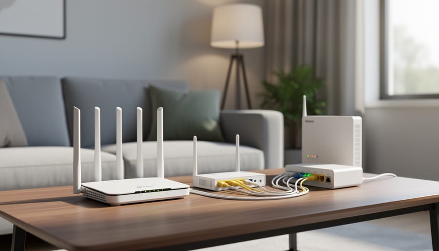 Modern home internet gateway device with connecting cables on a living-room side table