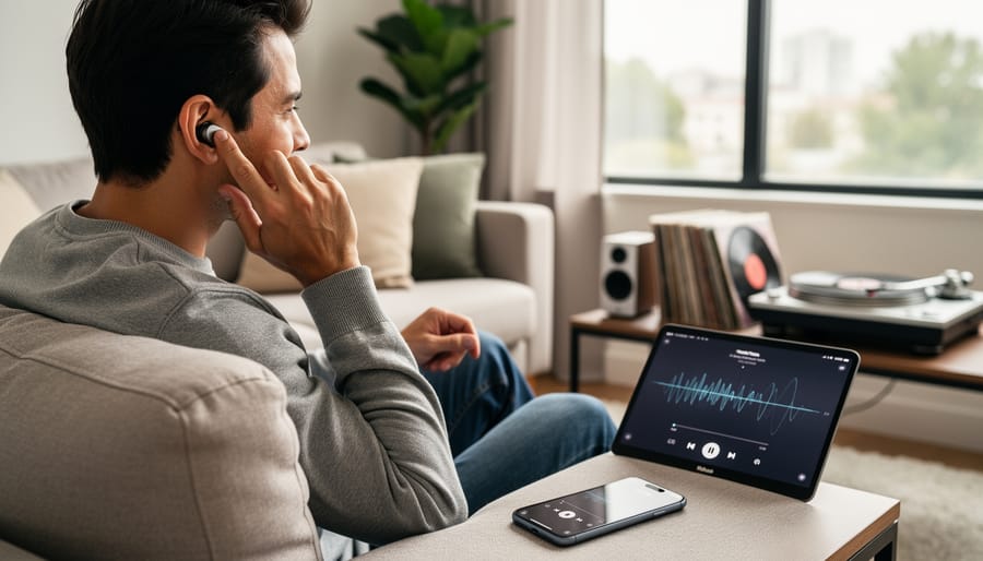 AirPods Pro case and smartphone with music playing in a cozy home listening setup