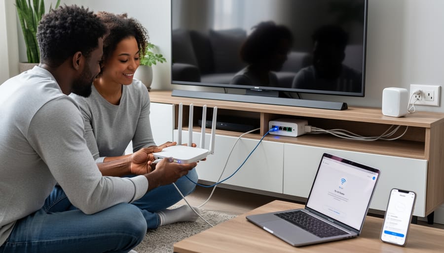 Homeowner connecting networking equipment with an ethernet cable near a wall outlet