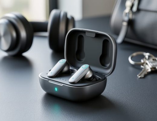 Close-up of wireless earbuds in an open charging case on a dark desk with subtle indicator glow, suggesting long battery life.