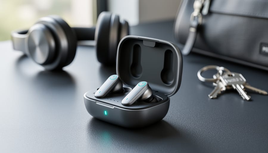 Close-up of wireless earbuds in an open charging case on a dark desk with subtle indicator glow, suggesting long battery life.