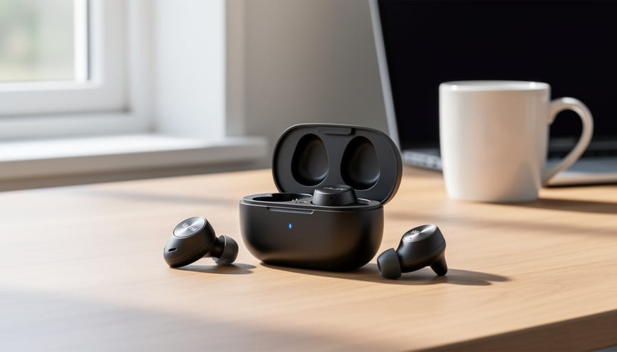 Open wireless earbud charging case with earbuds resting beside it on a desk.