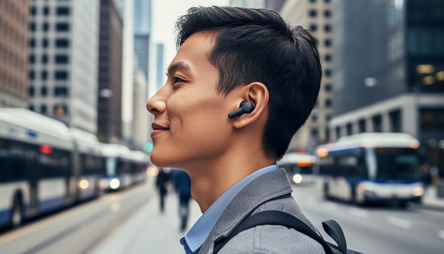 Person wearing wireless earbuds during a city commute with blurred buildings in the background.