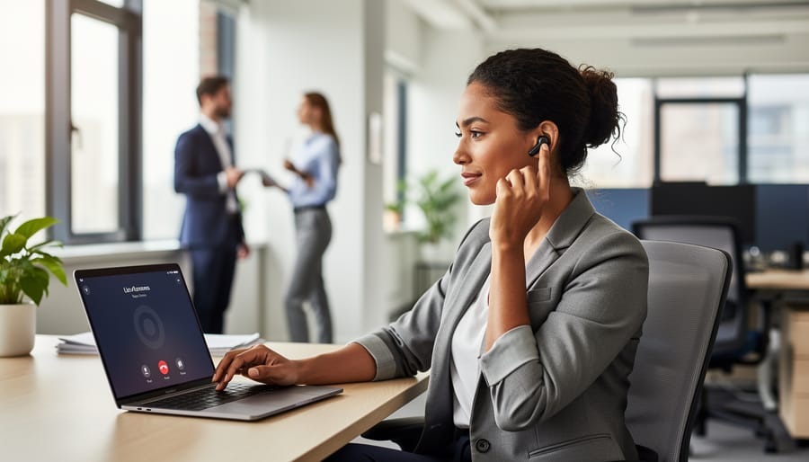 Person wearing wireless earbuds while on a phone call in a modern office