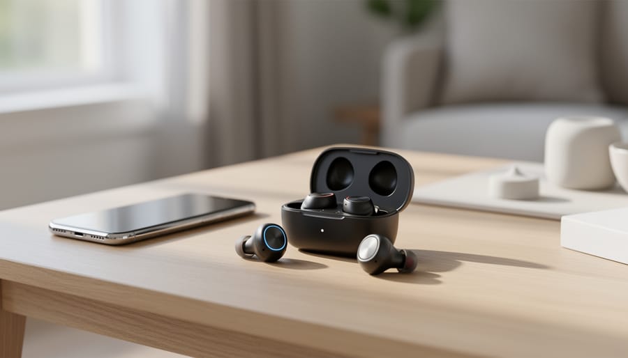 Wireless earbuds and charging case on a desk with a laptop in the background