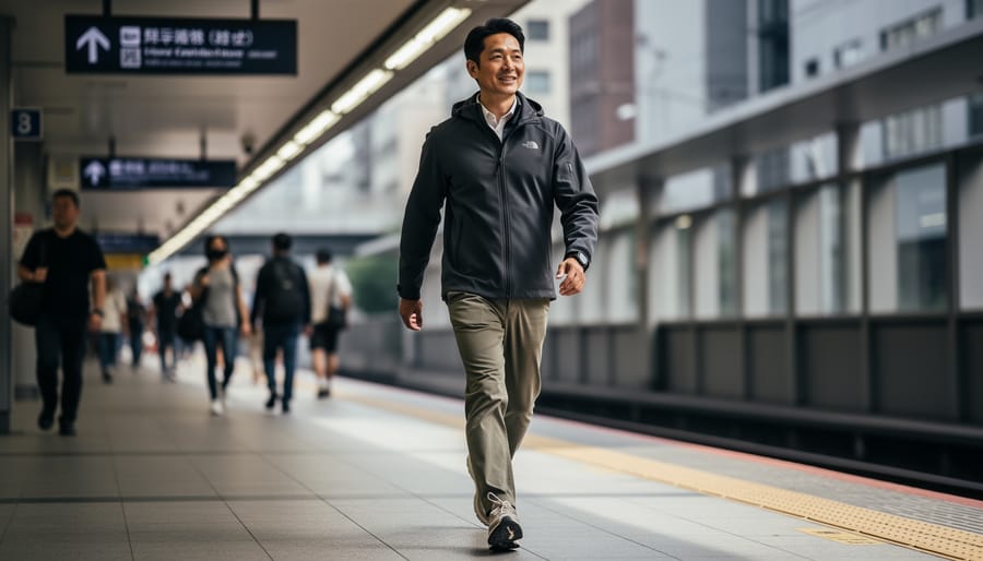 Commuter outdoors on a train platform wearing wireless earbuds