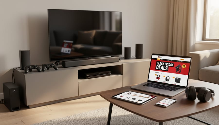 Living room electronics setup featuring a TV, gaming controller, and smartphone on a coffee table for Black Friday shopping inspiration