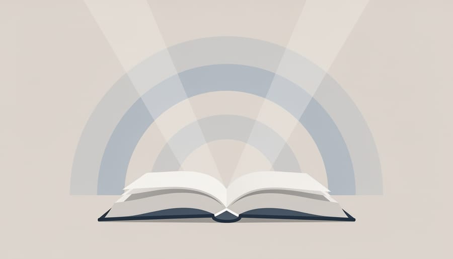 An open book on a wooden table with subtle glowing light trails suggesting audio coming from the pages.