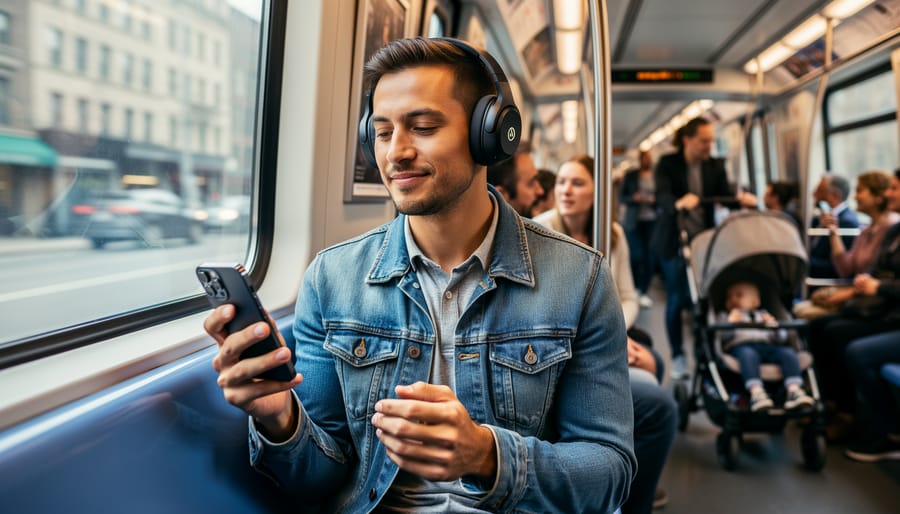 Person wearing wireless earbuds on a train platform with blurred trains in the background