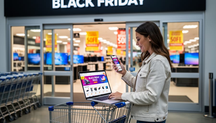 Shopper holding a smartphone and standing near a laptop in an electronics store setting ahead of Black Friday sales