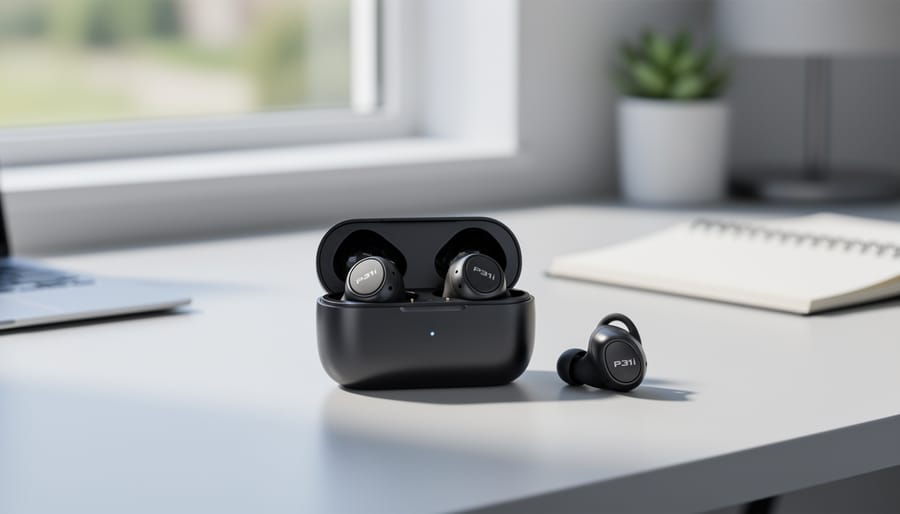 Anker Soundcore P31i earbuds in their charging case on a modern desk near a smartphone