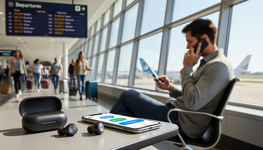 Wireless earbuds and smartphone held near a suitcase in a travel setting with an airport background