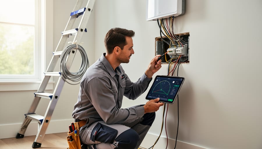 Technician installing a home internet gateway in a utility closet with cables neatly connected