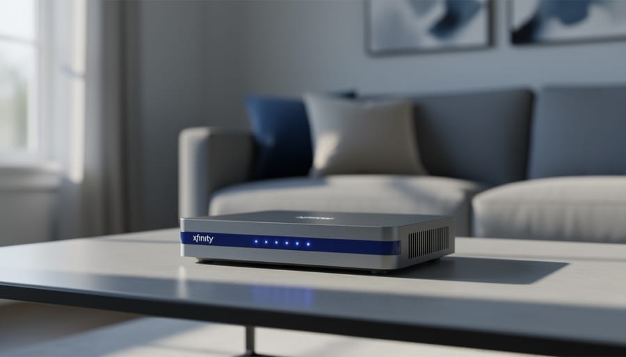 A modern WiFi gateway/router device placed on a living-room coffee table in a bright, contemporary home setting.