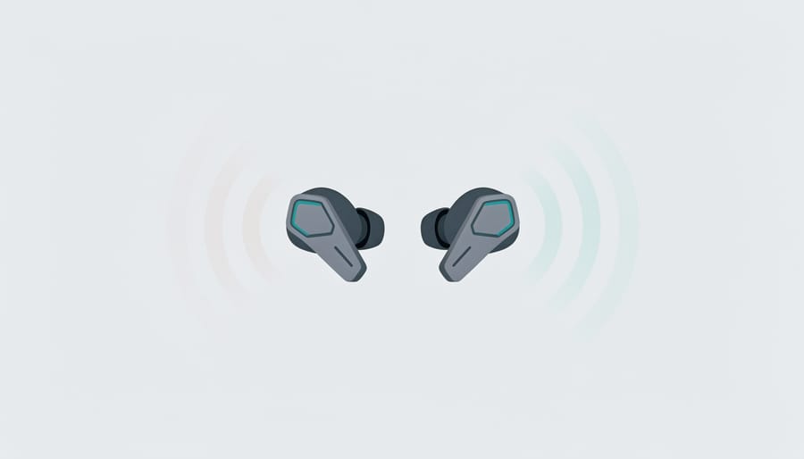 Wireless light waves radiating around earbuds to symbolize gaming connectivity performance