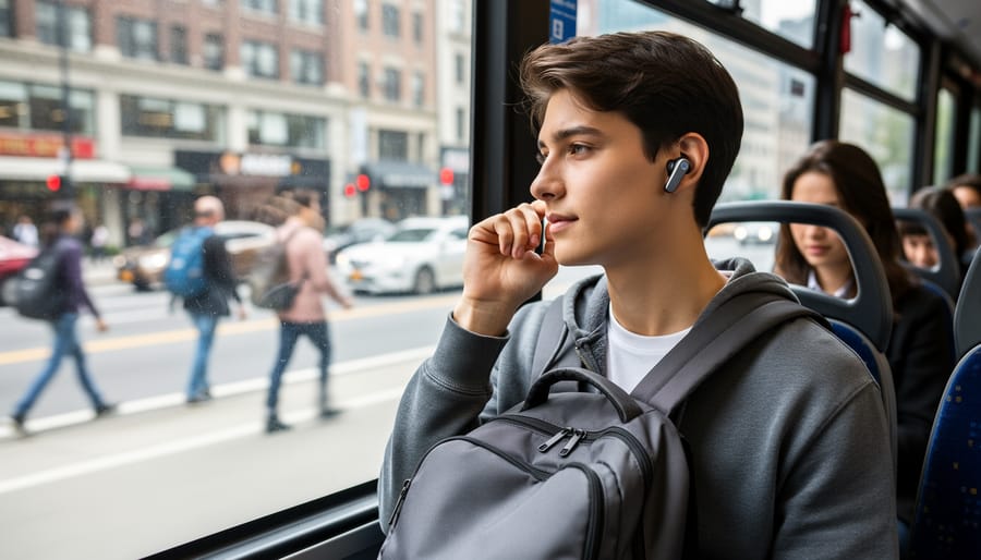 Commuter wearing gaming earbuds in an urban transit corridor