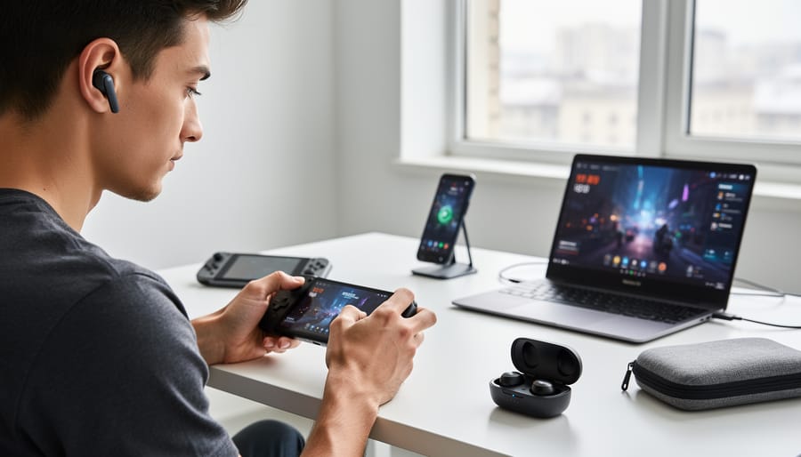 Gamer wearing wireless earbuds (SteelSeries Arctis GameBuds) during a handheld gaming session