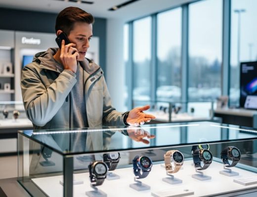 A shopper calling an authorized retailer on a smartphone while standing in a retail showroom near a display case of sport GPS watches.