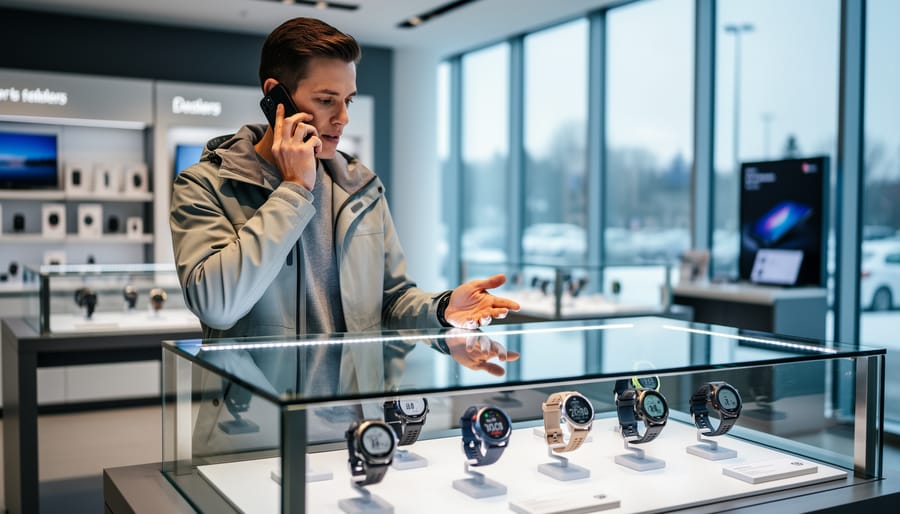 A shopper calling an authorized retailer on a smartphone while standing in a retail showroom near a display case of sport GPS watches.