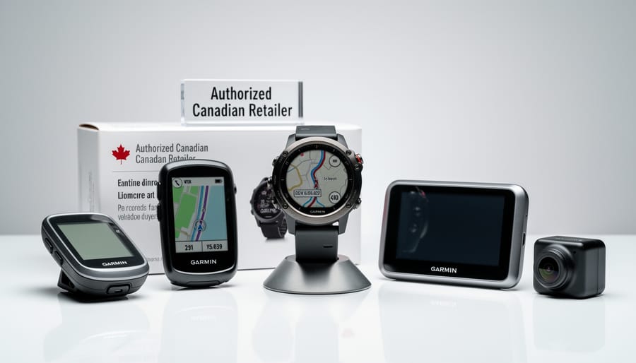 Workbench showing a rugged Garmin watch, cycling computer, and truck GPS devices laid out