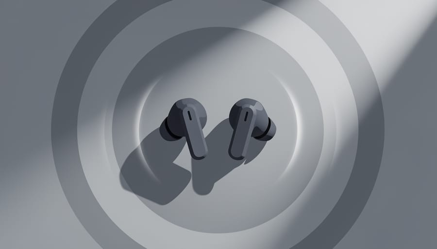 Close-up of Lenovo E310 earbuds with cinematic light trails symbolizing immersive audio