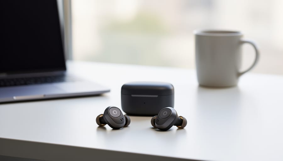 Lenovo E310 true wireless earbuds and charging case open on a desk under soft studio lighting