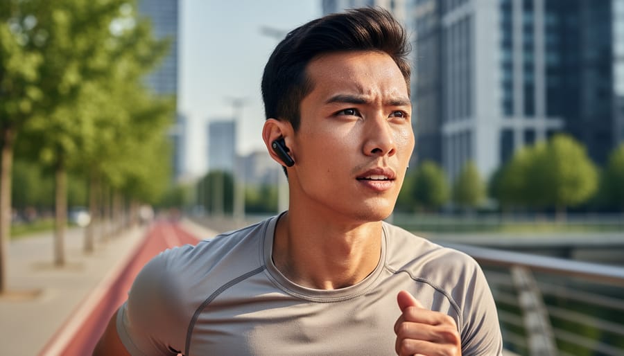 Jogger wearing Lenovo E310 true wireless earbuds during an outdoor run