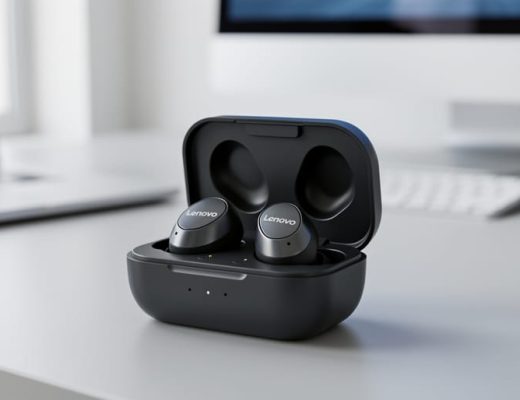 Close-up of true wireless earbuds in their charging case on a desk, shown in natural light with a softly blurred background.