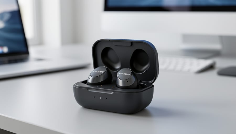 Close-up of true wireless earbuds in their charging case on a desk, shown in natural light with a softly blurred background.
